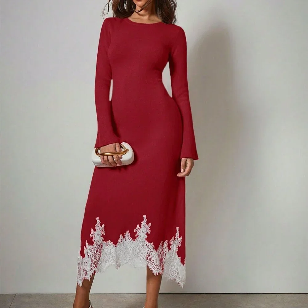 Burgundy Elegant Women's Asymmetrical Flare Sleeve lace detailed Sweater Dress
